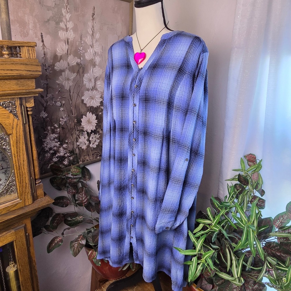 J.Jill Blue Plaid Roll Tab Sleeve Button Front Tunic Dress WDR234571 Mens M